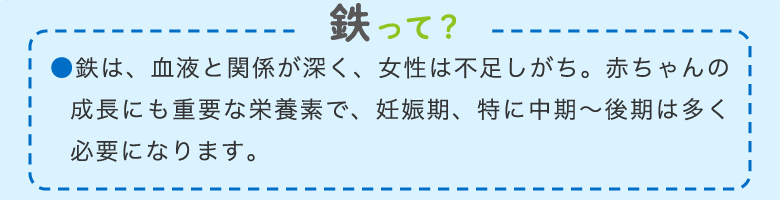 鉄って？●鉄は、血液と関係が深く、女性は不足しがち。赤ちゃんの成長にも重要な栄養素で、妊娠期、特に中期～後期は多く必要になります。