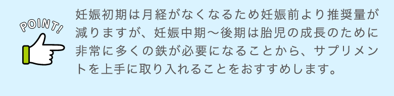 POINT!妊娠初期は月経がなくなるため妊娠前より推奨量が減りますが、妊娠中期～後期は胎児の成長のために非常に多くの鉄が必要になることから、サプリメントを上手に取り入れることをおすすめします。