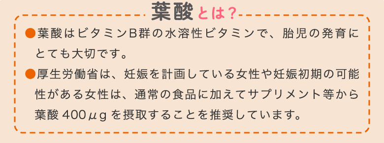 葉酸とは？●葉酸はビタミンB群の水溶性ビタミンで、児の発育にとても大切です。●厚生労働省は、妊娠を計画している女性や妊娠初期の可能性がある女性は、通常の食品に加えてサプリメント等から葉酸400μgを摂取することを推奨しています。